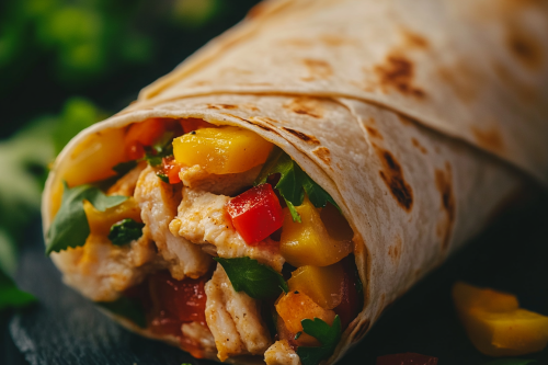 Close-up shot of luxurious tortilla wrap, tempting view.