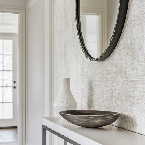 Close-up white entryway wall, wallpaper display, minimalist console, gentle lighting.