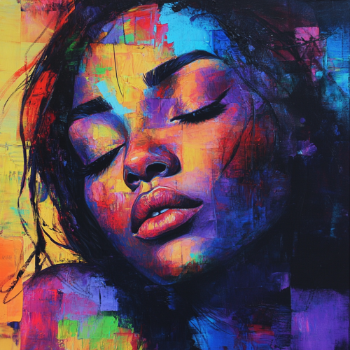 Closed-eyes woman gazes downward in vibrant, abstract painting.