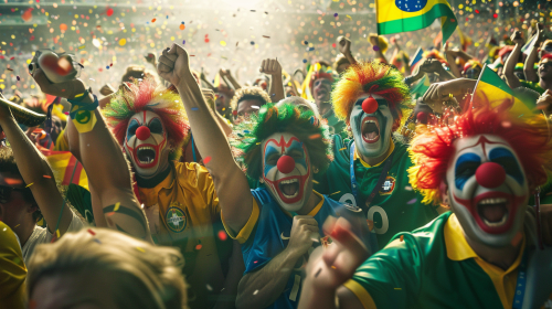 Clowns in Brazilian soccer jerseys cheer wildly in stadium.