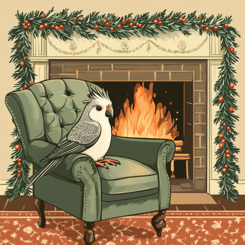 Cockatiel on Festive Chair by Fireplace Drawing Cockatiel on Festive Chair by Fireplace Drawing