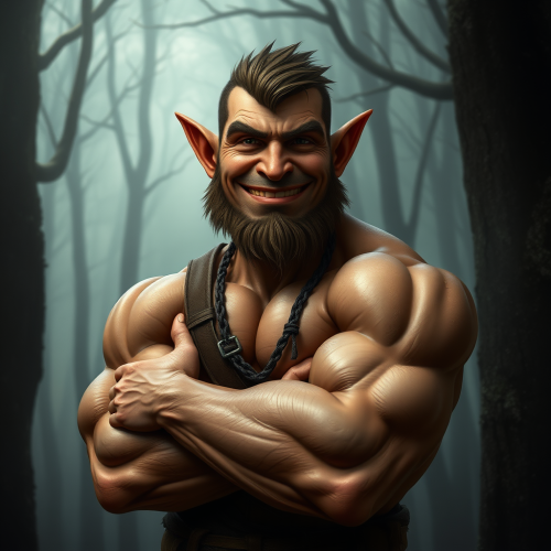 Cocky halfling with crossed arms in mystical forest.