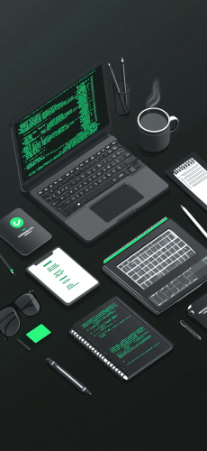 Coding Essentials on Charcoal Background: Laptop, Smartphone & More