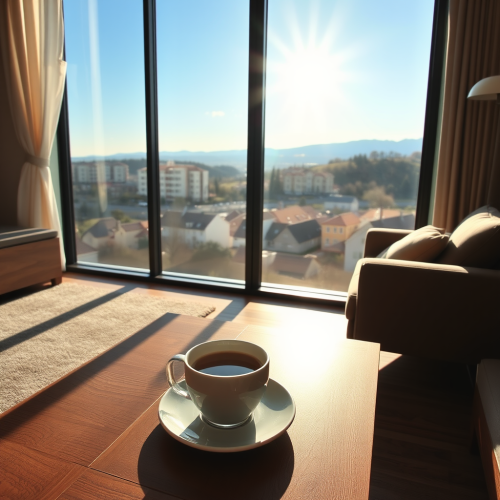 Coffee on Table Overlooking Sunny Distant Town