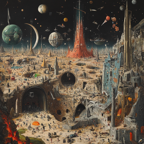 Collage inspired by chaotic future world with symbolism. Collage inspired by chaotic future world with symbolism.