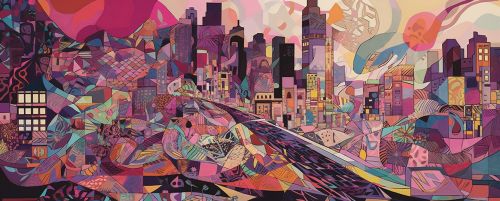 Collage of patterns and textures, urban life symbolism, vibrant colors Collage of patterns and textures, urban life symbolism, vibrant colors