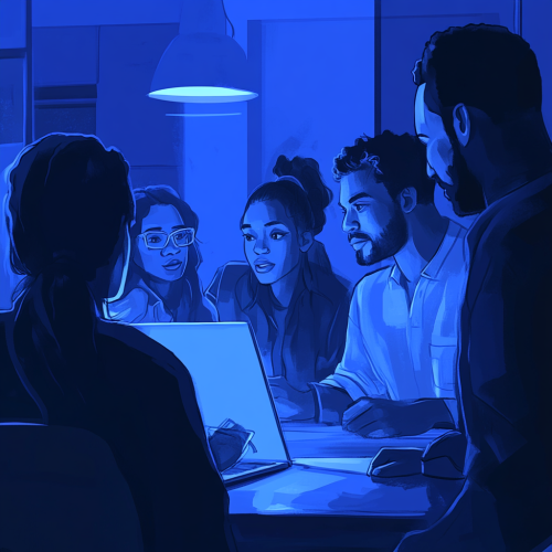 Colleagues Chat in Modern Office with Blue Background