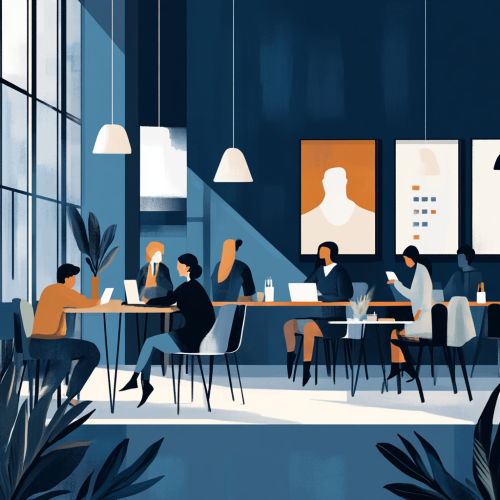 Colleagues in supportive workplace environment with navy blue backdrop