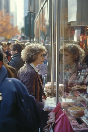 Color film street photography of people window shopping.