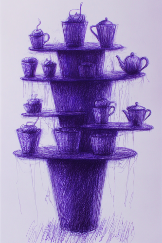 Colored pencil sketch of whimsical tea party scene.