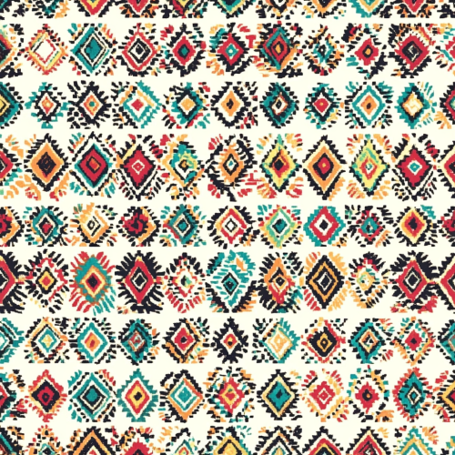 Colorful Aztec shapes and symbols on white fabric