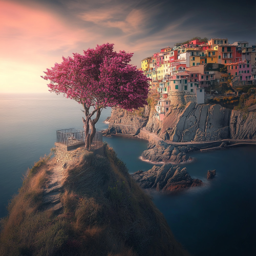 Colorful Cinque Terre villages overlooking Mediterranean Sea.