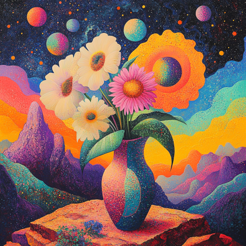 Colorful Cosmic Flowers in Futuristic Vase