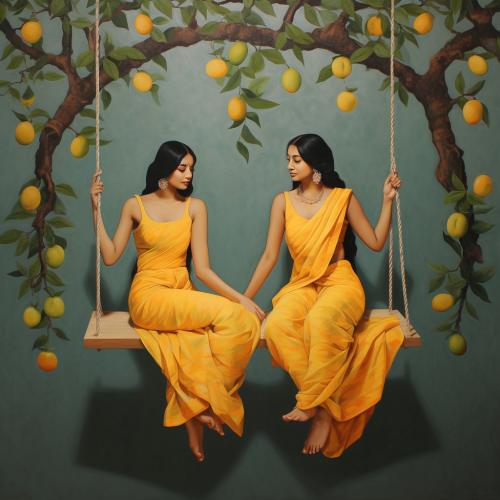 Colorful Indian Girls Swinging on Mango Tree