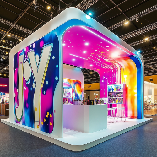 Colorful JOY booth: fuchsia, blue, yellow, purple, white. Creative, nice.