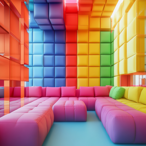 Colorful Lounge with Square Sofas in Playful Layout Colorful Lounge with Square Sofas in Playful Layout