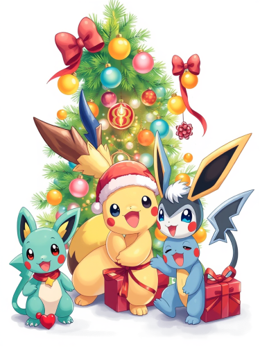 Colorful Pokemon Celebrating Christmas on White Background
