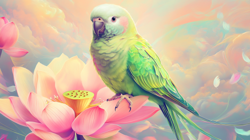 Colorful Quaker Parrot Bodhisattva illustration on vivid landscape.