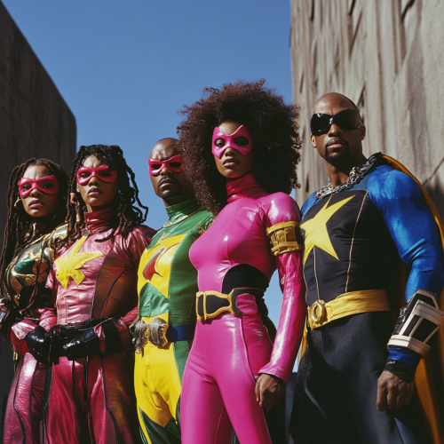 Colorful Superhero Team: 1990s Movie Poster Style