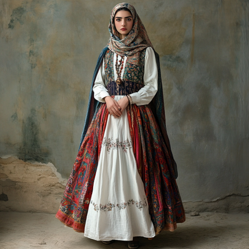Colorful Turkish clothing with embroidery and headscarf