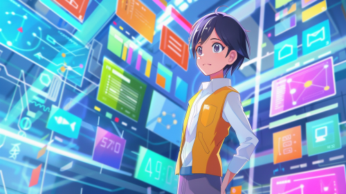Colorful anime scene of SEO explanation with friendly character