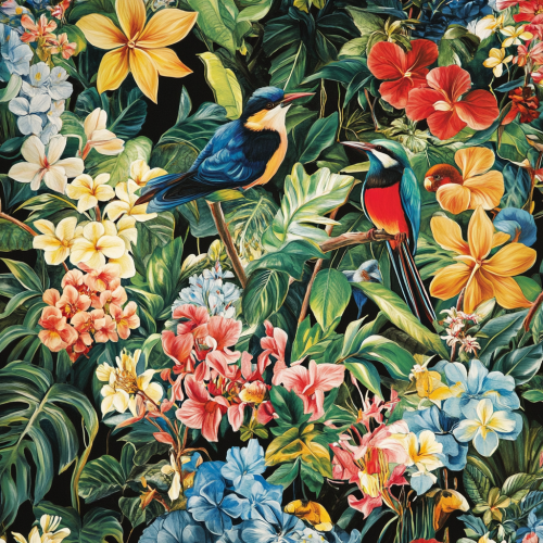 Colorful birds blend into lush flowers and foliage design.