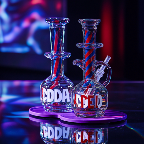 Colorful bongs on purple mat and glass table Colorful bongs on purple mat and glass table