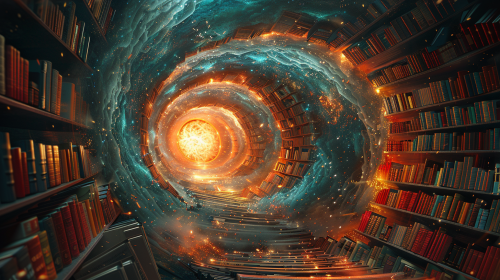 Colorful book vortex drawing with glowing center, inspiring knowledge. Colorful book vortex drawing with glowing center, inspiring knowledge.