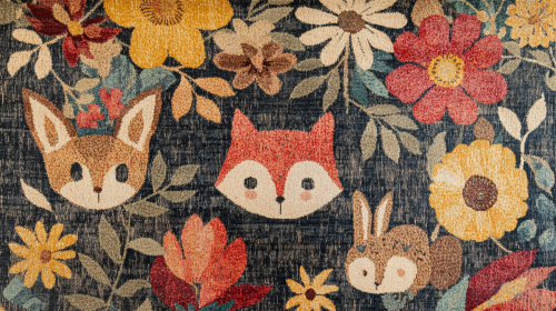 Colorful carpet with playful animals and foliage frame