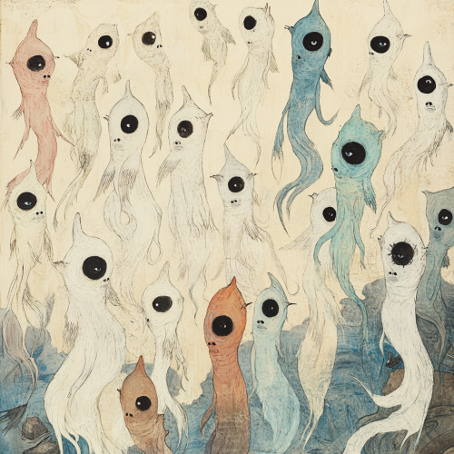 Colorful creatures with fish heads and glowing slime eyes.