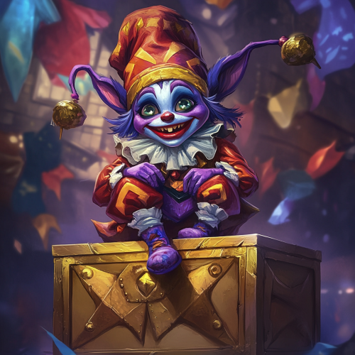 Colorful demon jester on box, dramatic lighting, fantasy game.