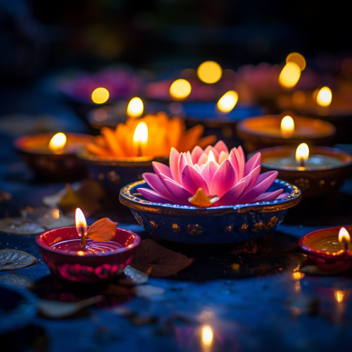 Colorful diya lamps with lotus flowers on table