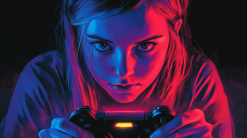 Colorful female gamer holding controller, glowing screen reflection, Nick Kuchar Colorful female gamer holding controller, glowing screen reflection, Nick Kuchar