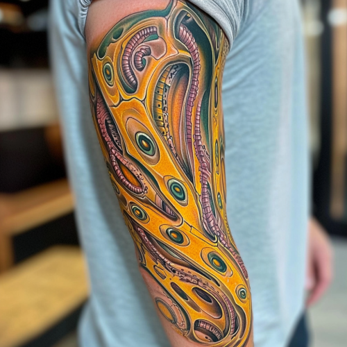 Colorful futuristic arm tattoo with alien background