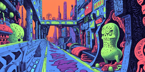 Colorful futuristic office break room with neon art