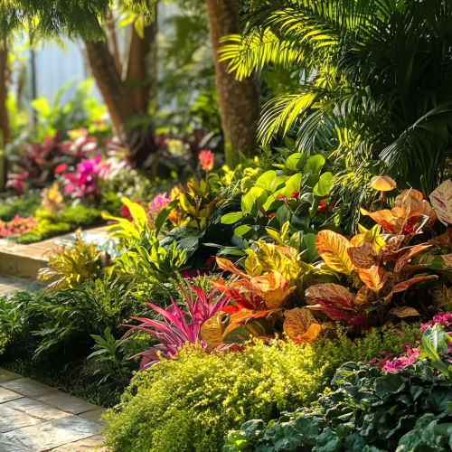 Colorful garden with thriving plants under warm sun. Colorful garden with thriving plants under warm sun.