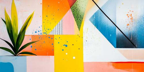 Colorful geometric art with plants and negative space