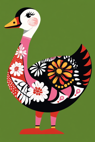 Colorful goose with flowers on green background