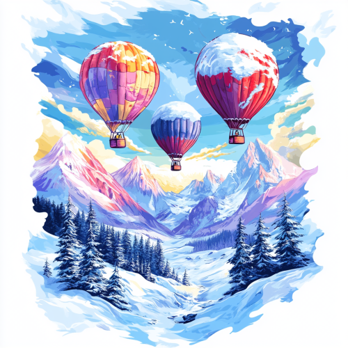 Colorful hot air balloons fly over snowy mountains