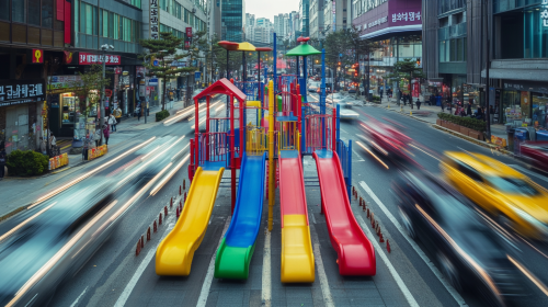 Colorful jungle gym in busy city street