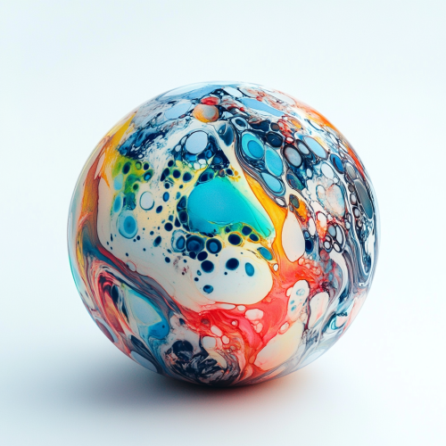 Colorful liquid sphere with sentient inks in patterns.