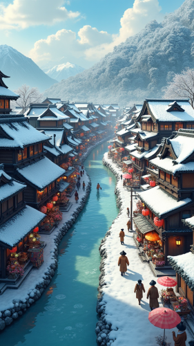 Colorful market in old Japanese village during snow.