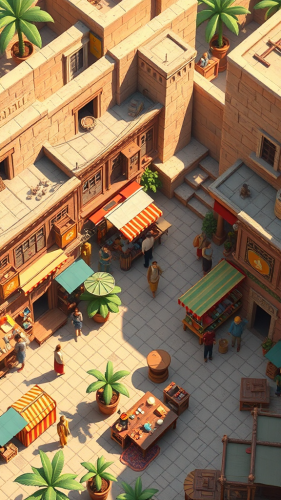 Colorful old Egyptian market with shops, people