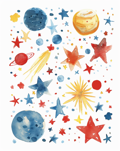 Colorful space nursery art with cute stars and planets
