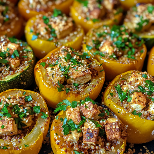 Colorful stuffed vegetables with quinoa, tofu, and herbs