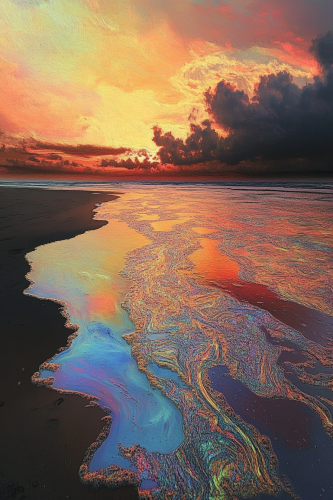Colorful sunset beach with surreal water art