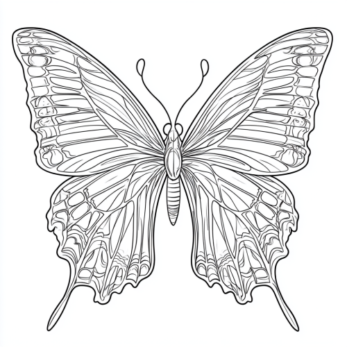 Coloring Book page: Butterfly with layered scales, thick outline.