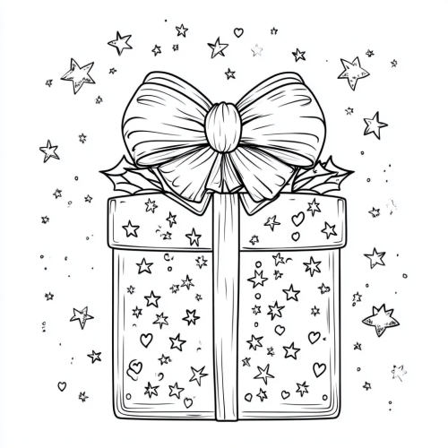 Coloring book: Christmas gift with stars and hearts.