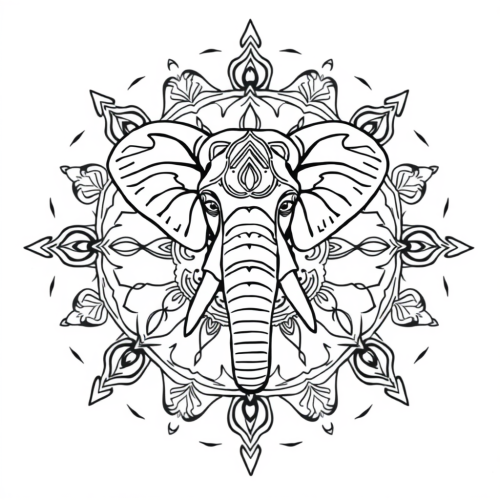 Coloring sheet of symmetrical mandala elephant on white