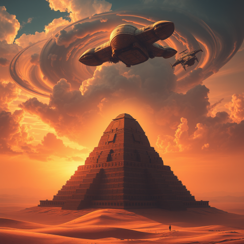 Colossal spaceship hovers above ancient desert ziggurat